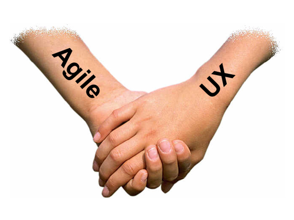 Two hands holding. One is labeled 'Agile'. The other, 'UX'.