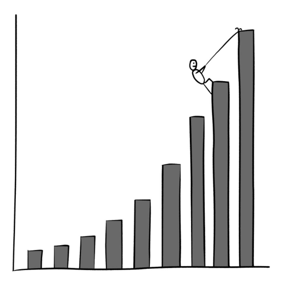 Stick figure climbing up the bars of a graph