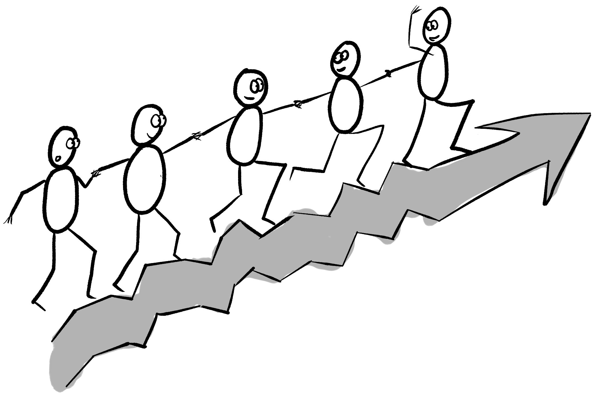 stick figures helping each other up an inclined arrow