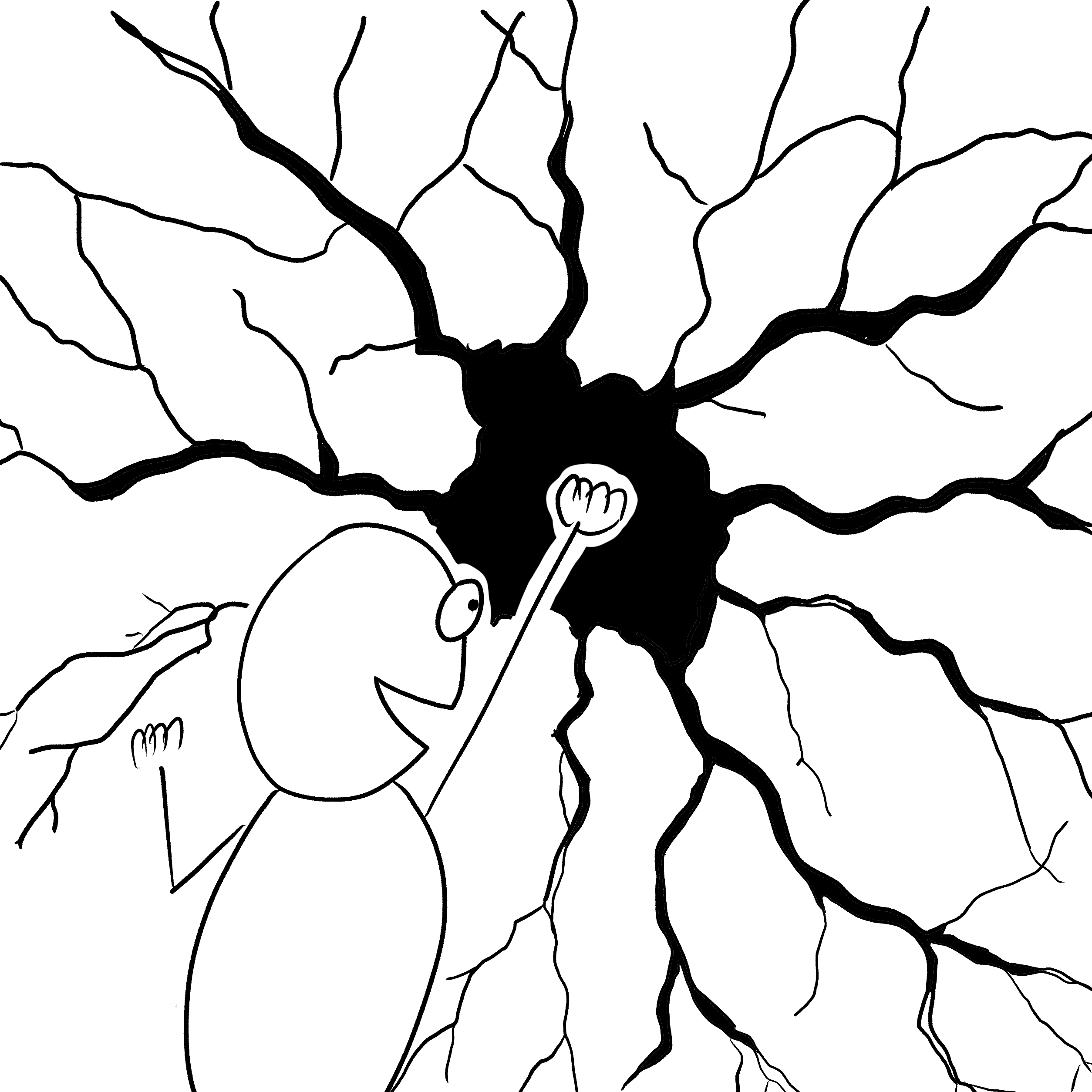 Stick figure puncking through a wall